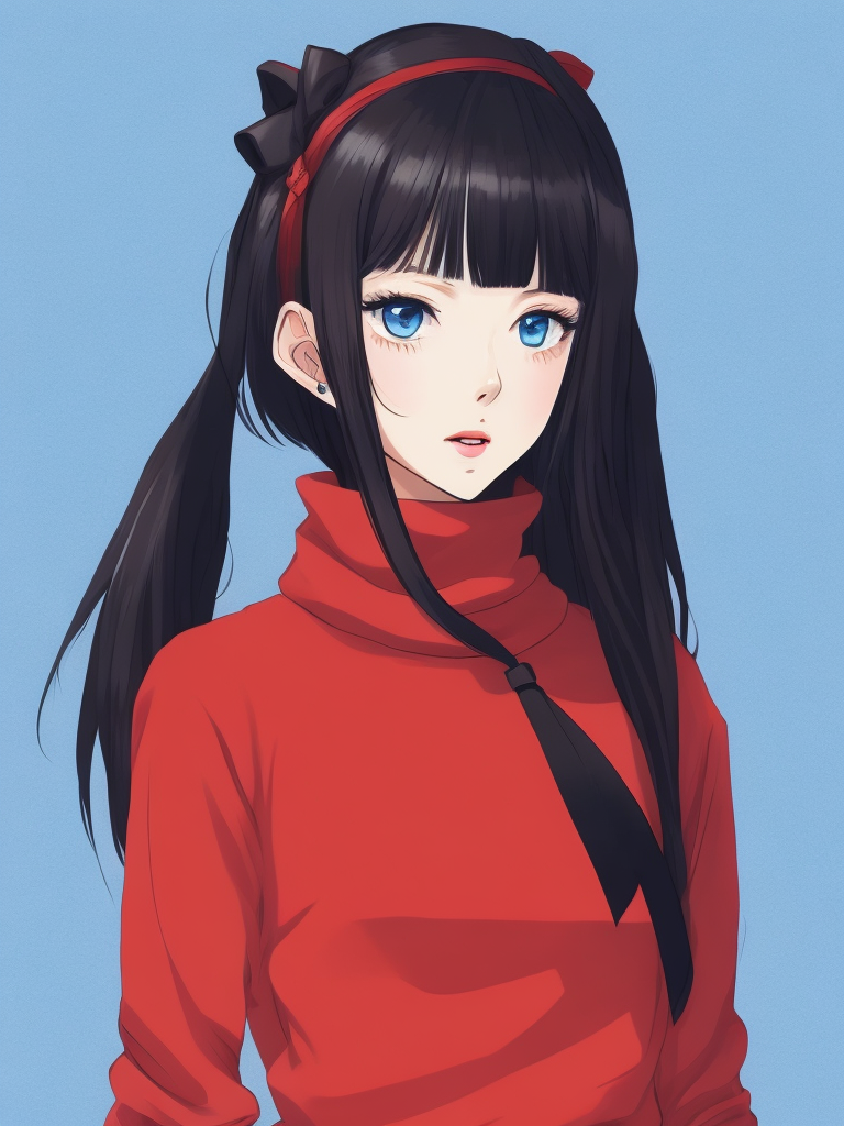 1girl, tohsaka rin, solo, long hair, sweater, red sweater, looking at viewer, blue background, black hair, simple background, two side up, turtleneck, blue eyes, lips, closed mouth, ribbon, hair ribbon, bangs, turtleneck sweater, upper body, parted bangs, black ribbon, ribbed sweater, twintails, nose,