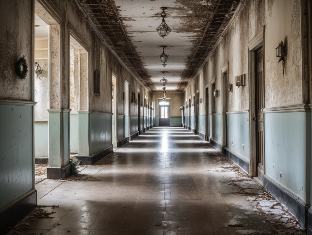 A long hallway of a very spooky abandonned, run down asylum for the mentaly insane with a christmas tree and lots of christmas decoration all over the walls of the hallway. The asylum should look abandonned and like a ruin.