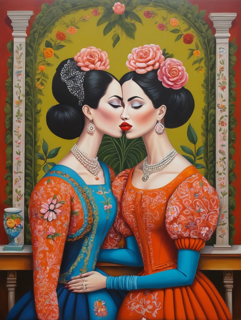 a two women kissing, style of Catherine Nolin, Painting, Acrylic, Oil, Portrait, Interior, USA