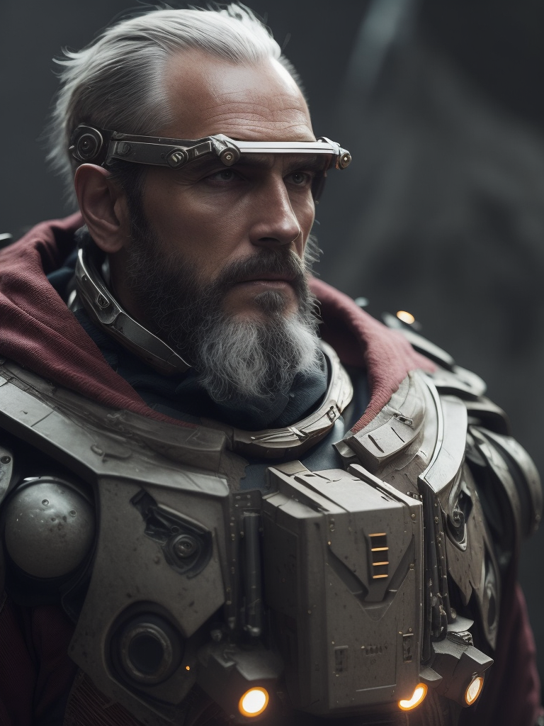 A grizzled veteran with a cybernetic arm and an eye patch, wearing battered armor made from salvaged metal that has been fused with living tissue. He carries a plasma rifle that fires bolts of bio-energy and a combat knife with a blade that shifts shape according to his mental commands. Dramatic biopunk close-up cinematic render by Oliver Wetter, Leiji Matsumoto, and Klaus Wittmann that evokes a sense of mystery and wonder. Produced in Cinema 4D