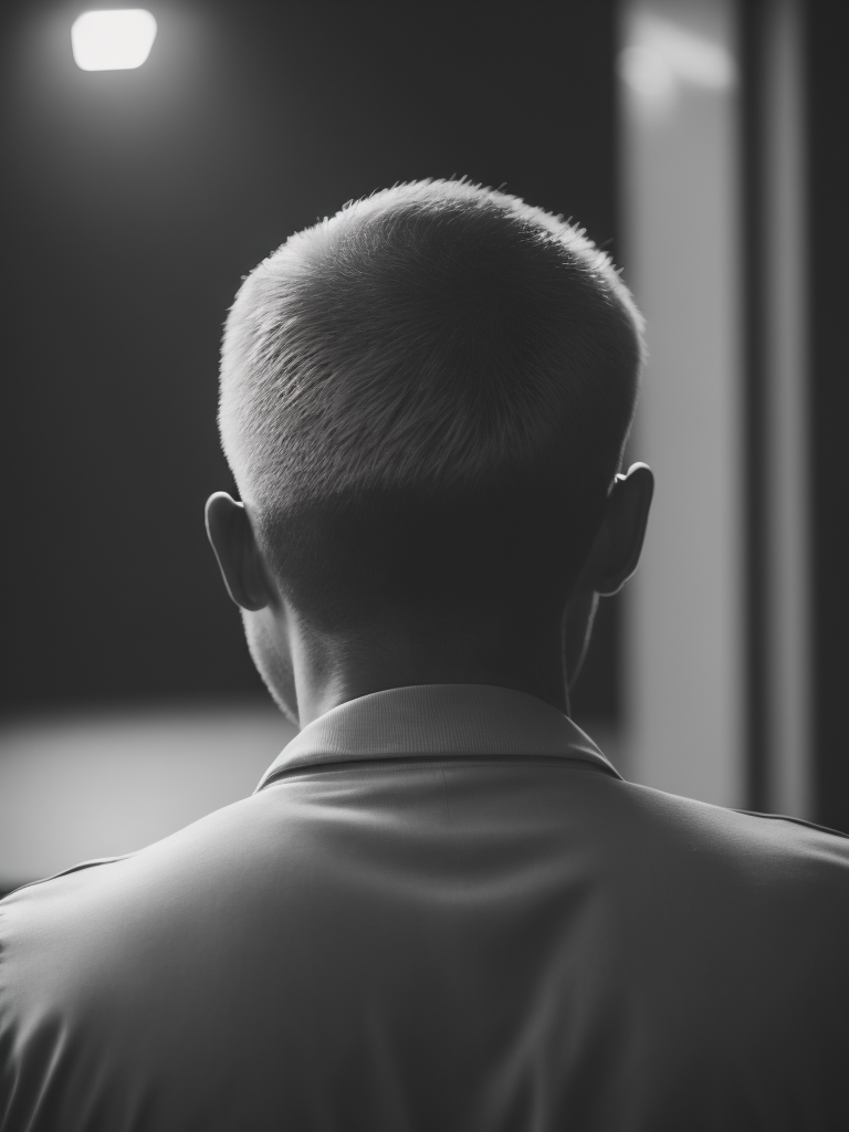 Portrait of a man from behind in backlight, very strong contrast, black and white