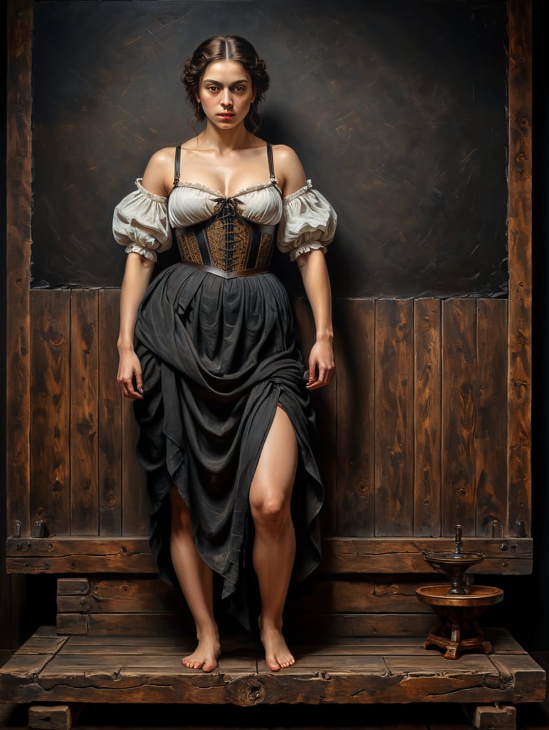 A masterpiece painting by Caravaggio of a woman posing for a painting, standing, on a wooden platform