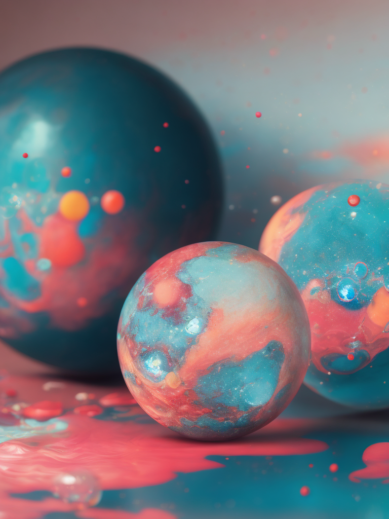 balls of unstirred paint marbling floating loosely in a empty photo studio, Emulsified, bubbles, liquids, oil layered on top, unmixed, studio lighting , mostly pink and light blue, but also some slightly deep white colours, trending on artstation, swirly, slick , powder, deep creases, relief, intricate, hdr, bokeh, photography, high entropy, 2 huge balls