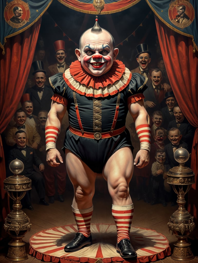 Vintage style circus sideshow poster of a full body anthropomorphic Scary midget