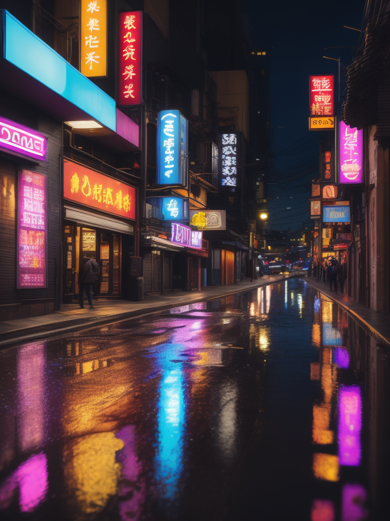 Little Tokyo street at night in neon light, neon advertising, purple-pink-blue tones, puddles on the road, incredible details, sharp focus