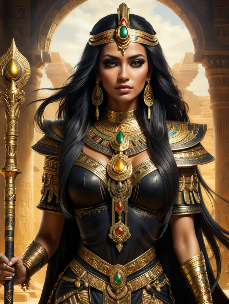 beautiful native Egyptian queen , long black hair , dark black eye makeup , wearing ornate gold accented clothing , holding golden staff , crisp detail , earth tone color palate