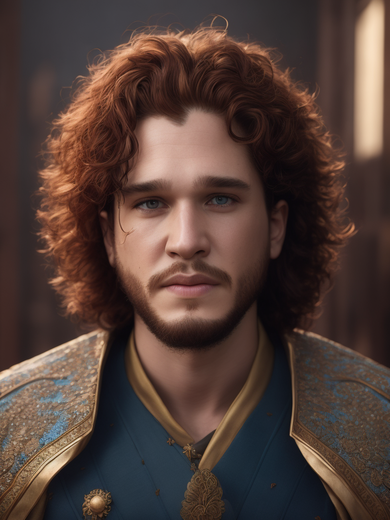 Kit Harington, Indian, red hair, golden caftan, beard, smile, blue eyes.