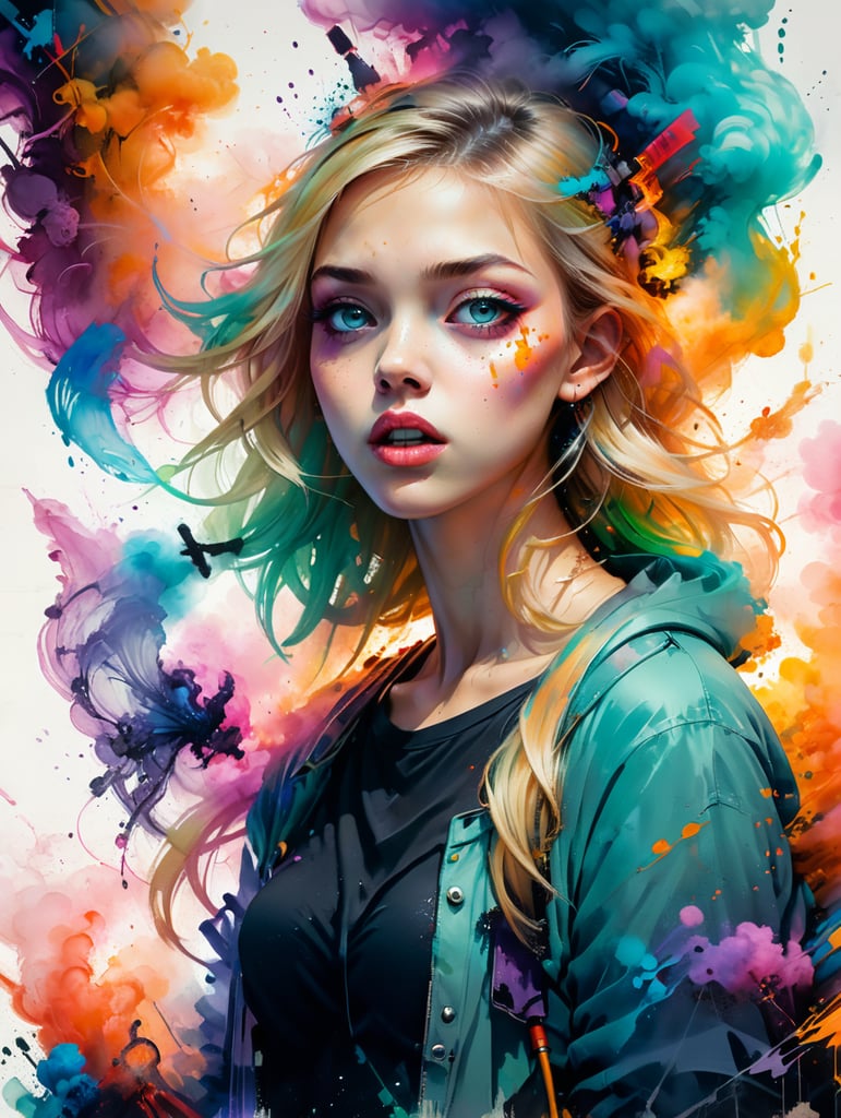 Blonde teenage girl vaping lots of colourful smoke and looking sickly