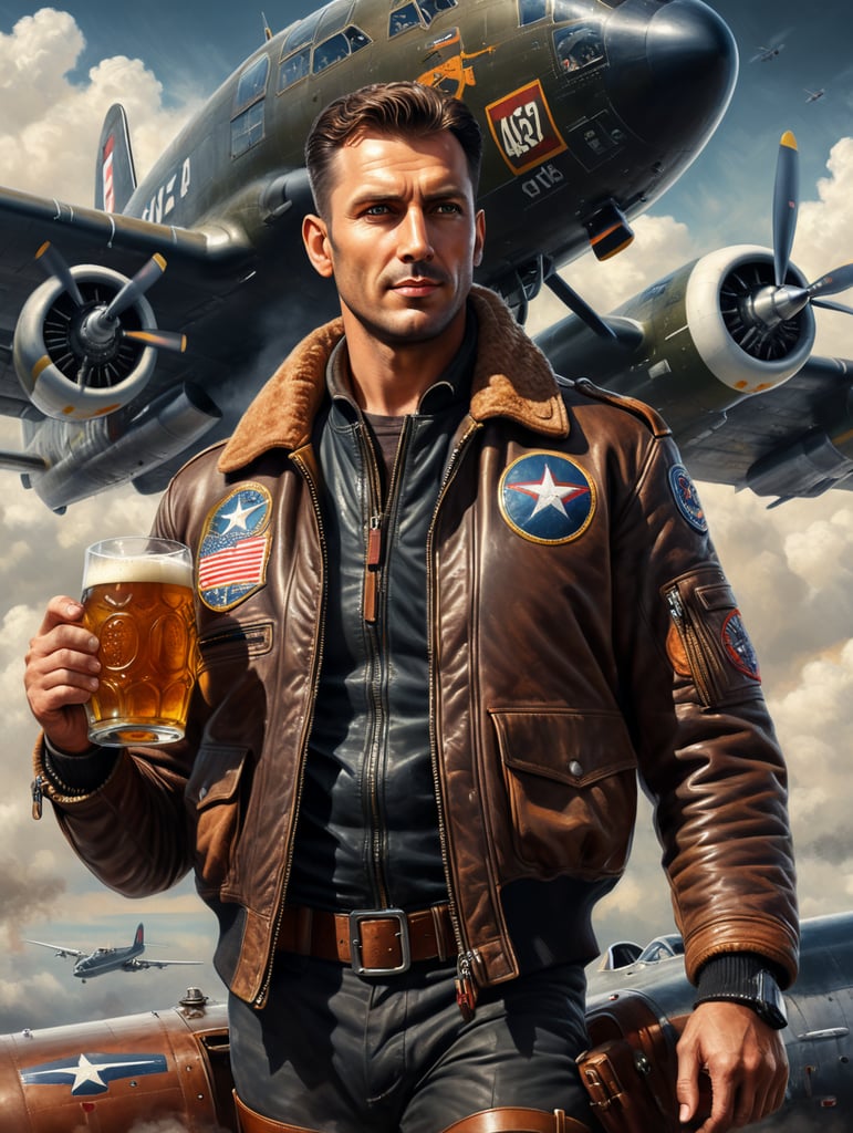 vintage poster, a pilot dressed in a flying bomber leather jacket holds a mug of beer in his hands, in the background a plane