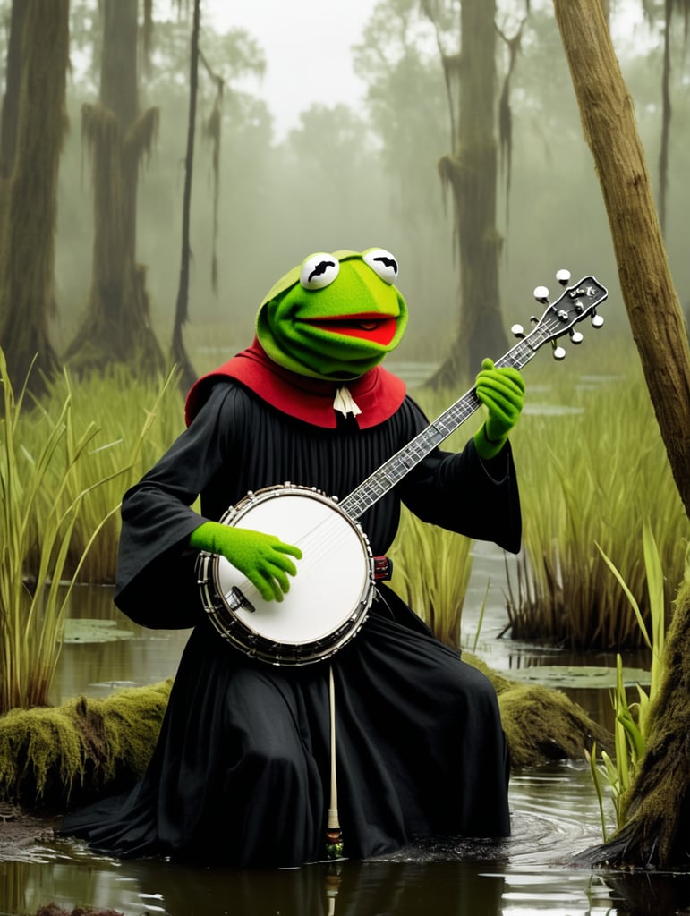 Kermit the frog dressed as a Sith Lord playing the banjo in a swamp