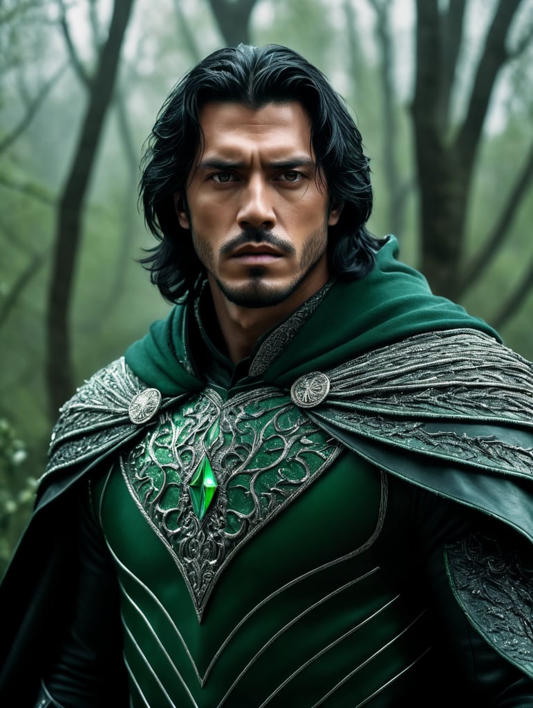Young Sorcerer with medium length black hair in white and green leather armor and cloak summoning thorns from the ground