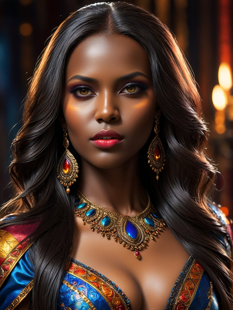 sira kante de corpo inteiro com cabelos lisos e compridos cores vivas e saturadas, elegante, altamente detalhado, foco nítido, maquiagem brilhante e expressiva, iluminação dramática, profundidade de campo, incrivelmente detalhado