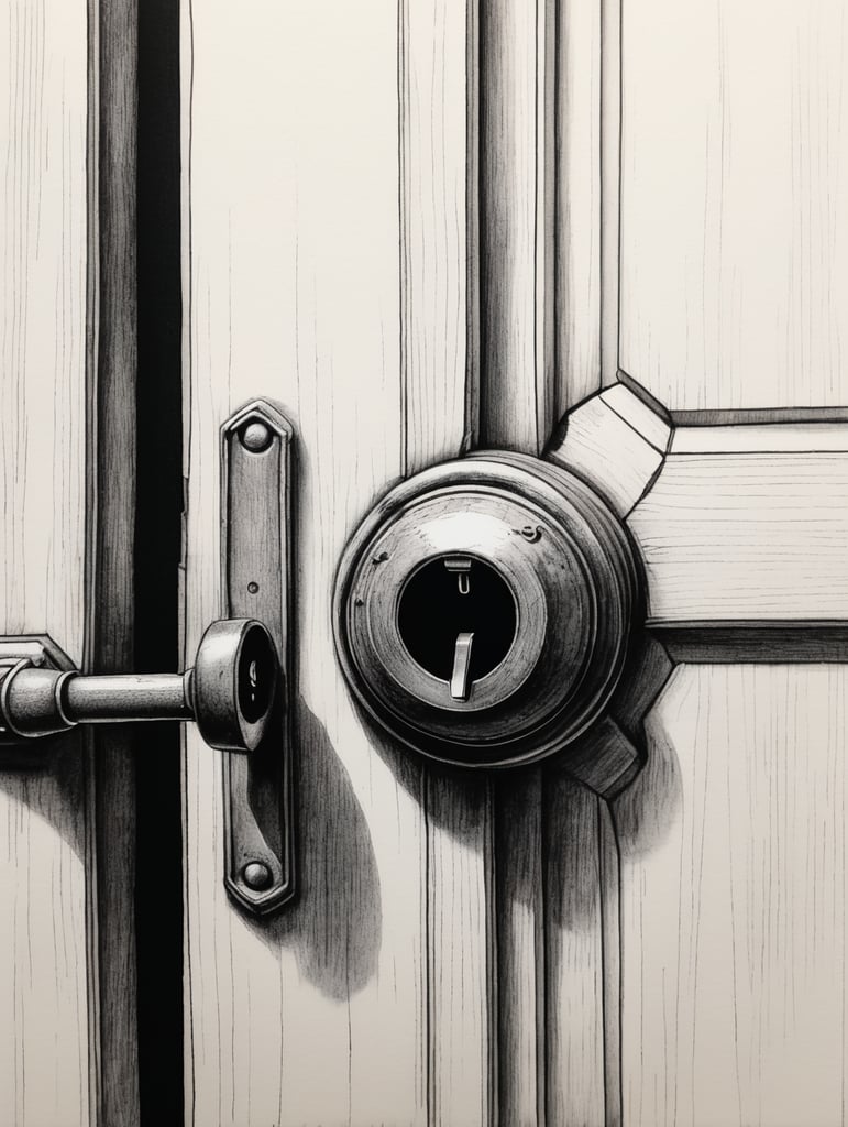 Ink pen sketch, low light, low detail, of a Close-up of the keyhole of a basement door.