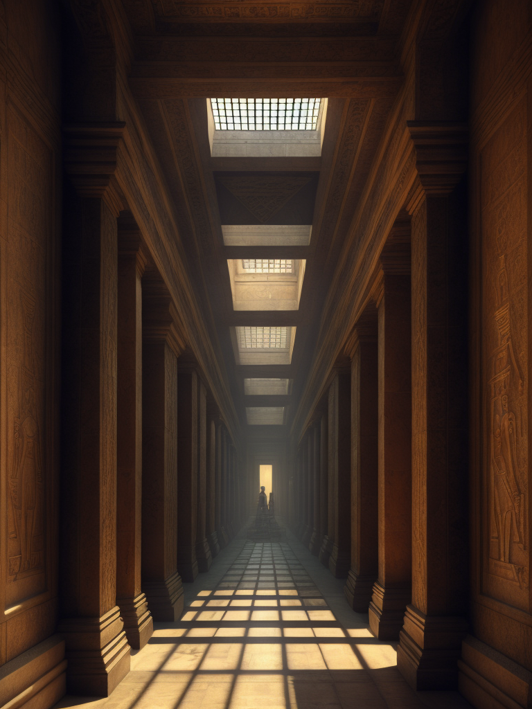 egyptian grand gallery, ancient corridor of a pyramid, story book illustration, perspective, old ruins,