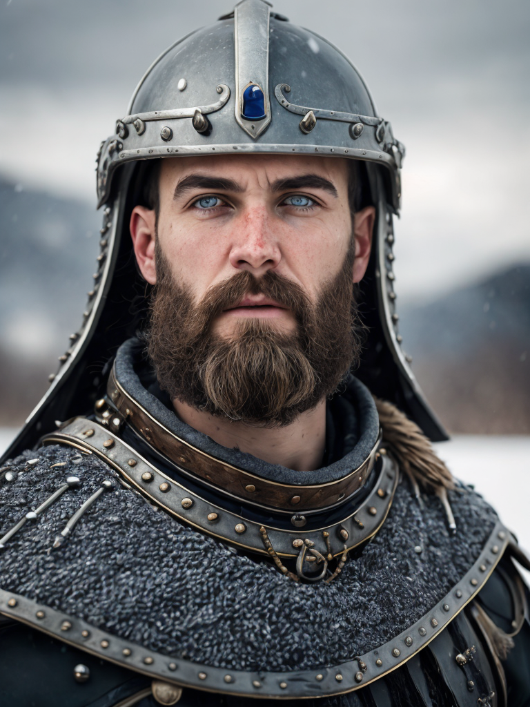 Portrait of a medieval Slavic warrior with a beard, wearing a helmet and chain mail, gray-blue eyes, a face stained with blood, against the backdrop of a winter landscape