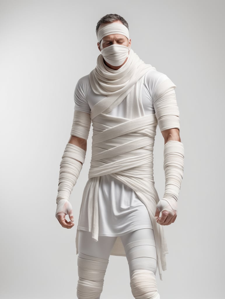 A photograph of man covered in bandages with his arms reached out with realistic style, white background, full body, show hands, show neck and head