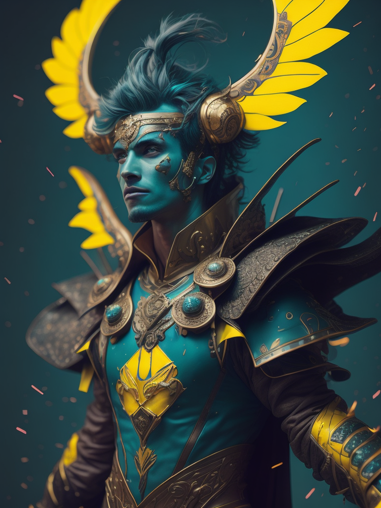 an original illustration by guy ym, in the style of vibrant color scheme, cosmic jester, teal and yellow, stylish costume design, multidimensional layering, duckcore, neon color palette