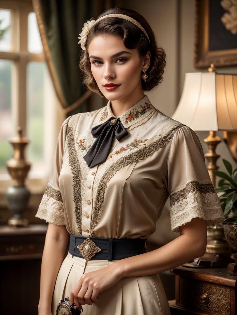 the model is dressed in vintage clothing and accessories, with a backdrop that evokes a bygone era, fashion shoot, style of vogue