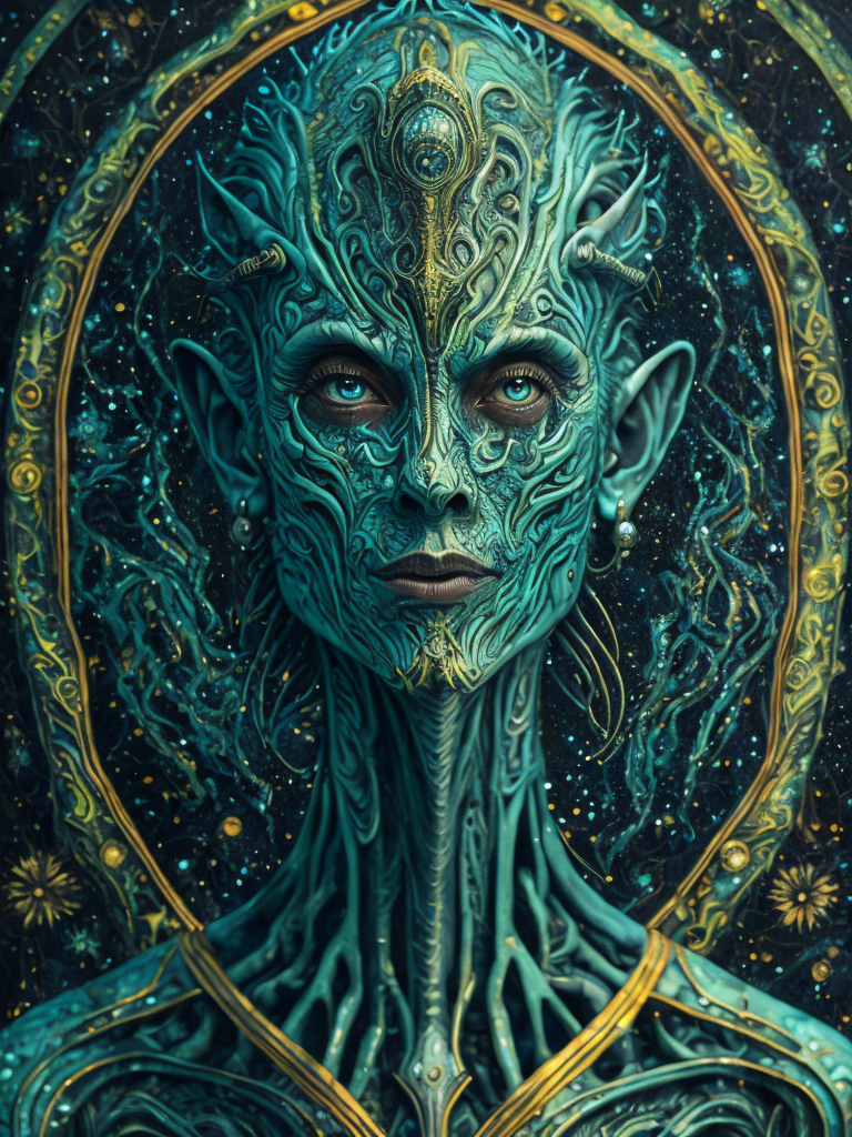 Portrait of an alien, batik, intricate details, surreal, Alien, Cyberpunk Trashcore Style, green and ice blue, s 1000