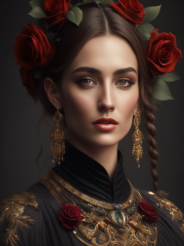 Portrait of a Beautiful women from Russian fairytale wearing traditional costume everything around black roses, deep atmosphere