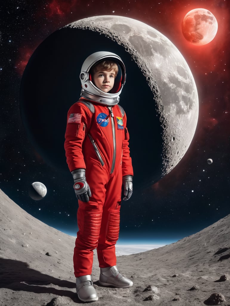 pre teen boy in red space suit standing on small moon in outer space.