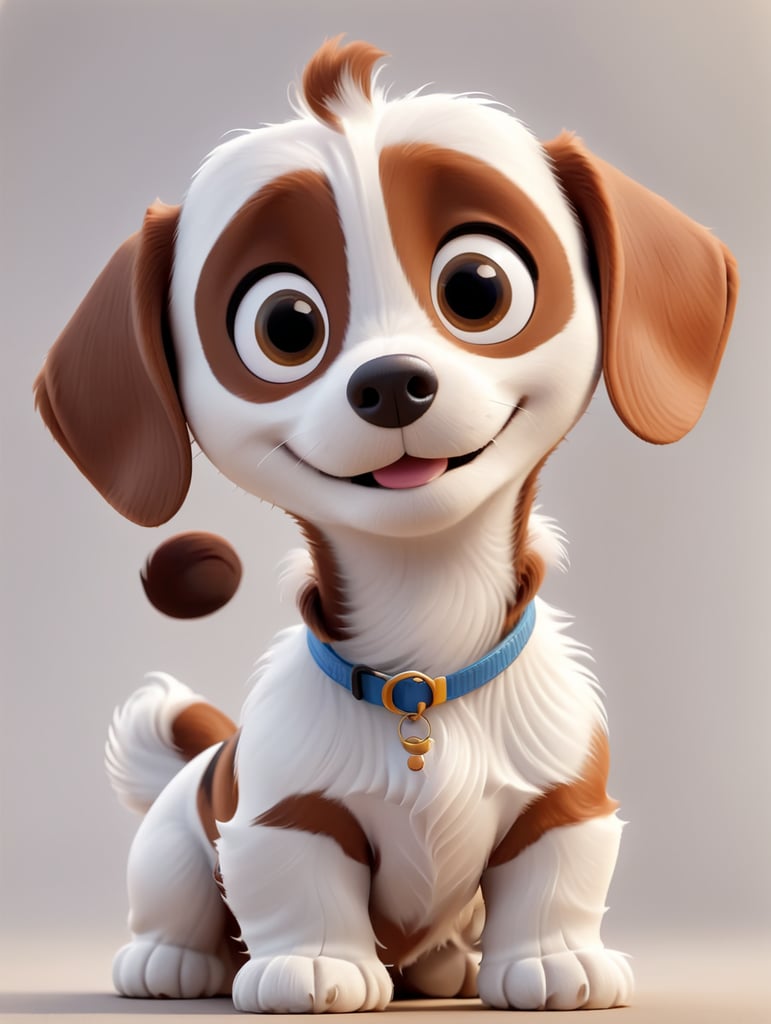A dark brown and white dachshund with big eyes, floppy ears, in the style of a Pixar movie character