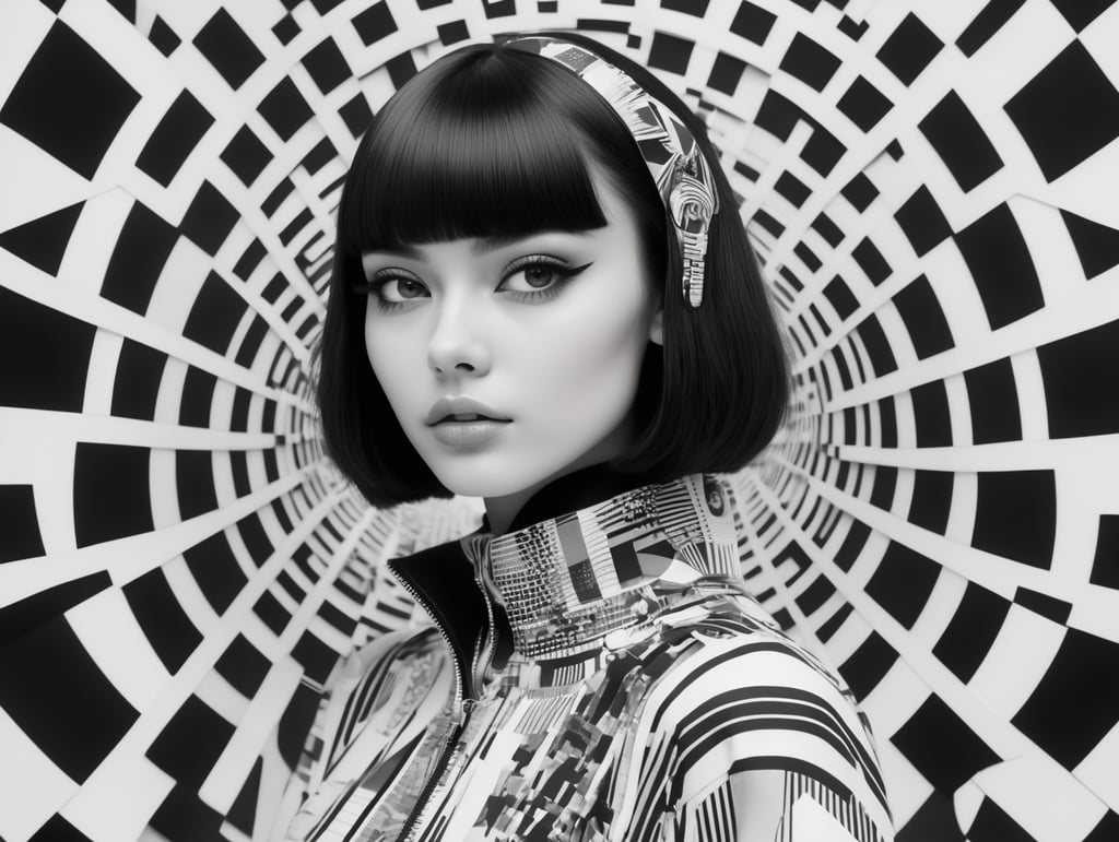 Cute girl model, retro futurist of high fashion, made in symmetrical black and white psychedelic style, black and white beauty, optical illusion, glitch art, flirty, shot on Canon