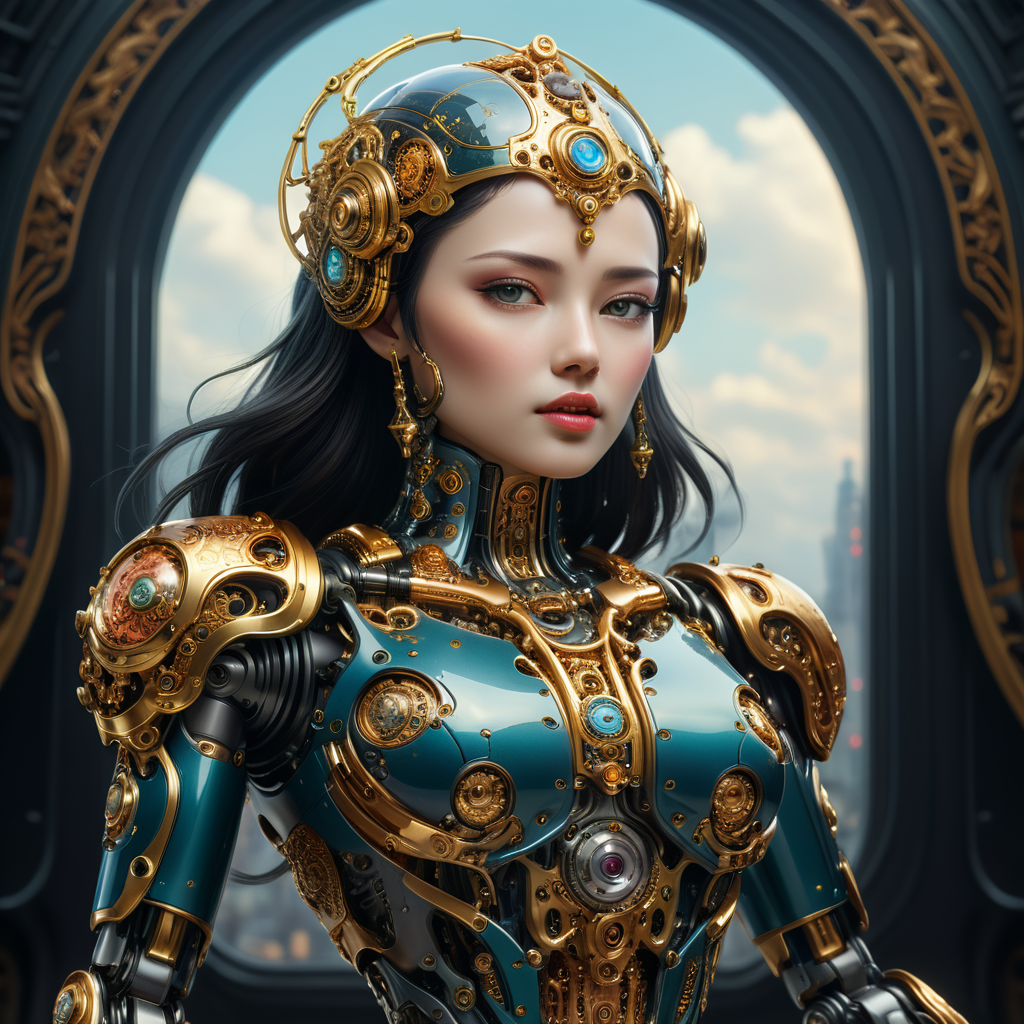A female robot with an art Nouveau cyberpunk aesthetic, body is made from a delicate mechanical ornamental exterior reminiscent of a delicate gleaming porcelain and gold trimmed filigree should reveal a hollow see through body, hyper-surrealistic detailed 3d rendering digital art style, background galaxy sky