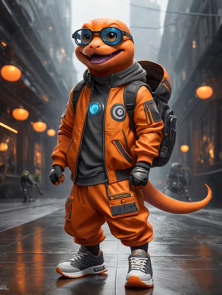 cute stylish charmander dressed in stylish futuristic sportswear clothes, big sneakers and a futuristic glasses