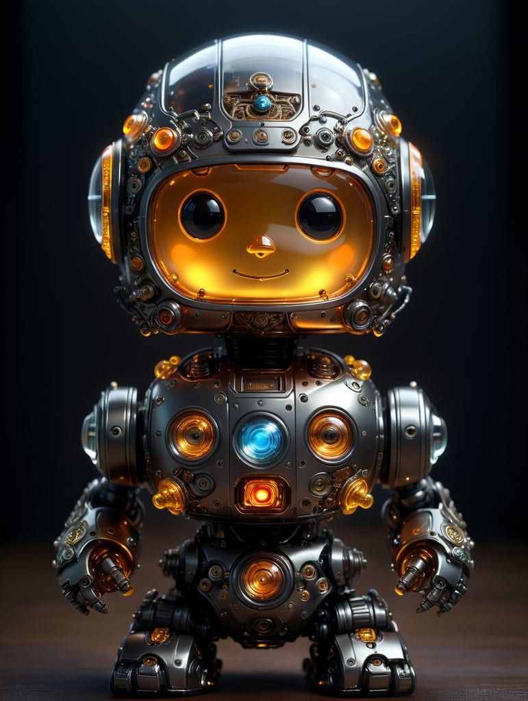 Cute aesthetic, a (tiny cute translucent polycarbonate robot) with an led screen face, emoticon, stunning render, intricate details