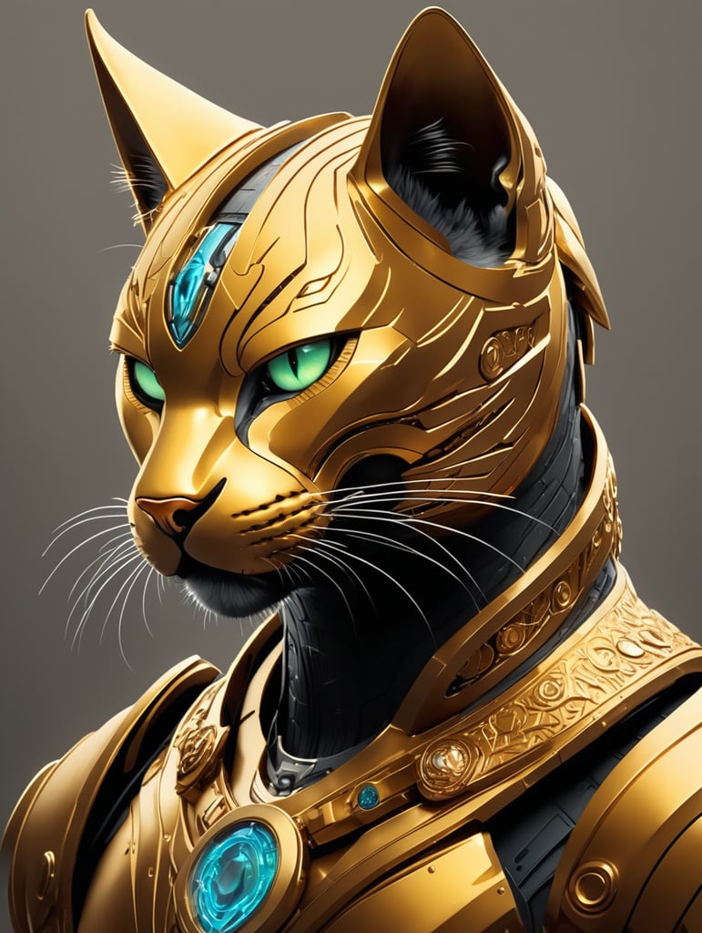 Golden Cyber Cat, Various style (make it more mystery, angry, villian vibe)