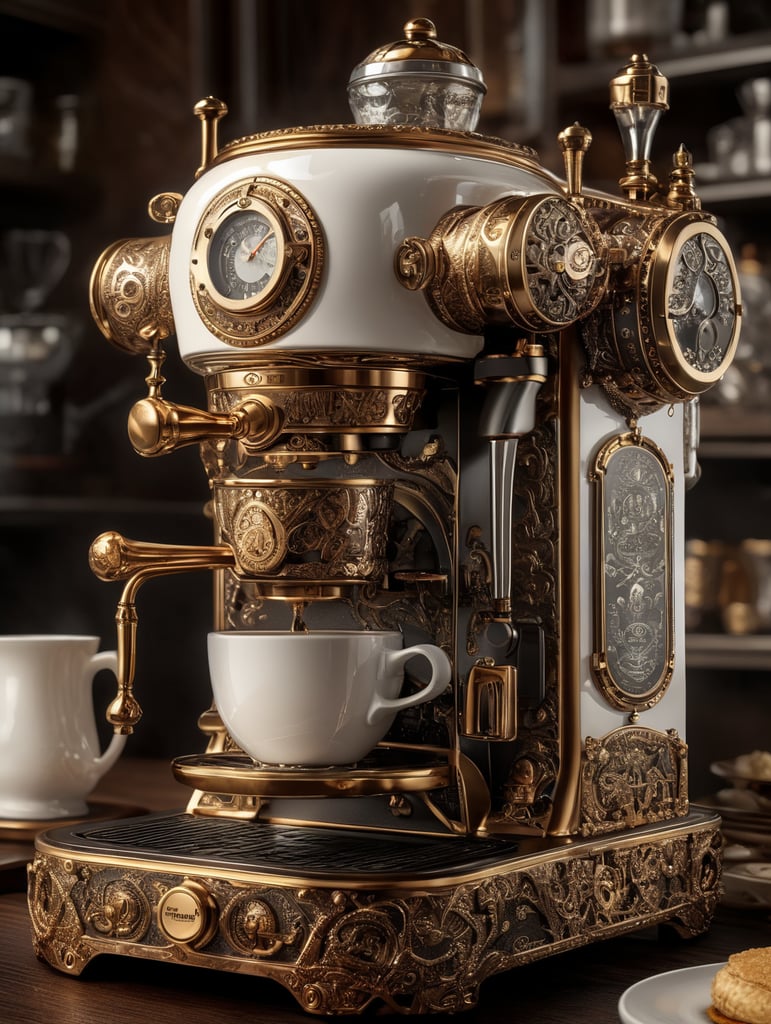 coffee maker made in steampunk style, decorated with gold, carved white plastic, ivory color, deep engraving