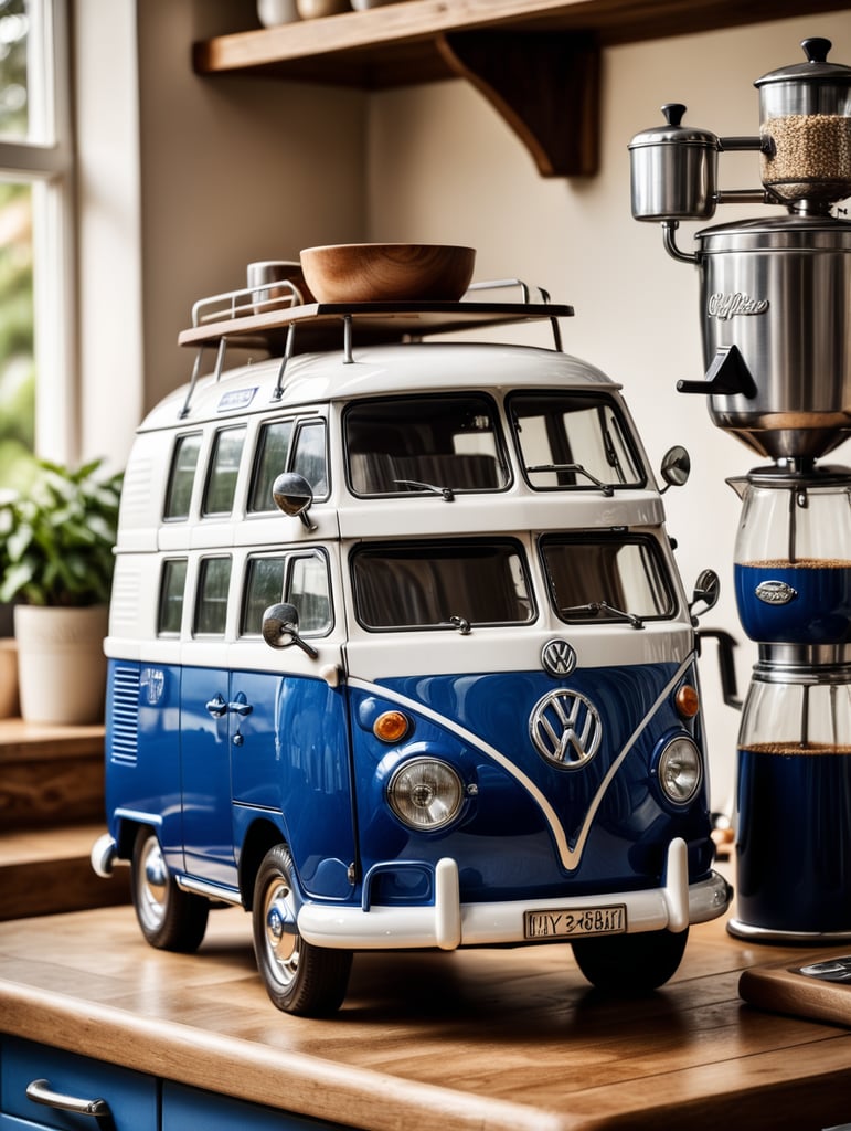 a vintage coffee maker shaped like a blue and white volkswagen kombi, grain grinder on top, coffe mug, kitchen, realistic