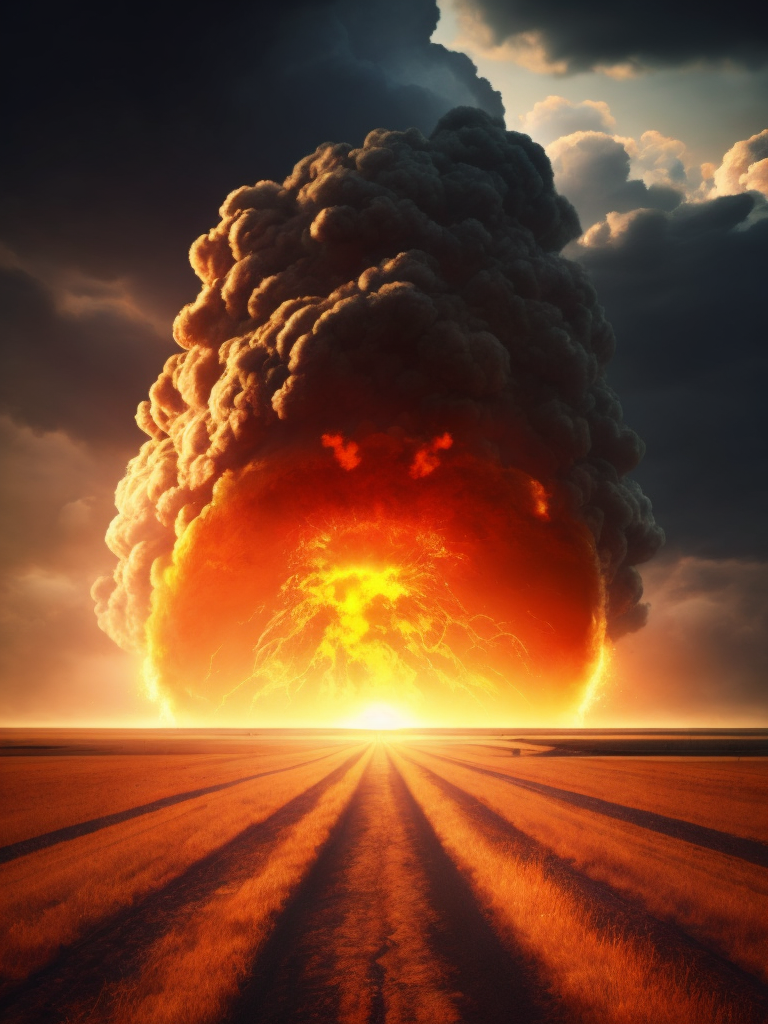 Dramatic Nuclear explosion, empty field, realistic image, lots of details