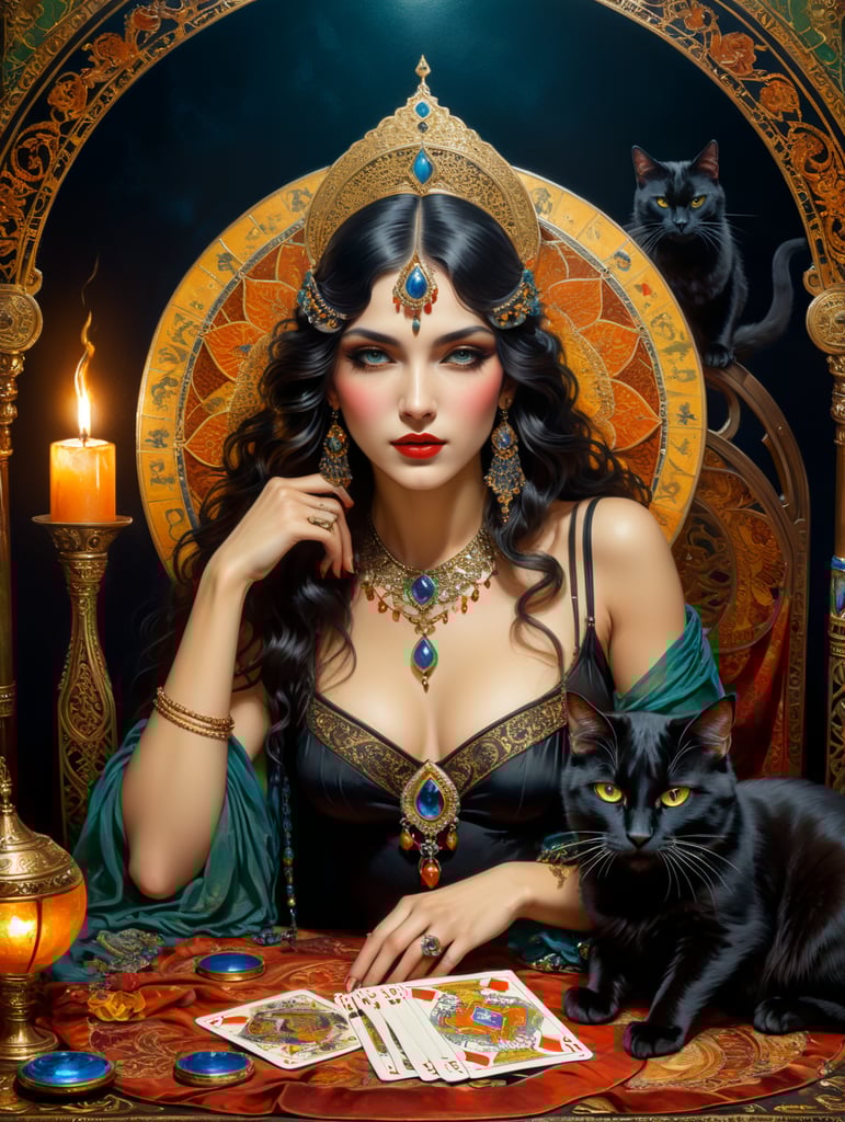 Rolf Armstrong, Edmund Dulac, art nouveau, 1920s vintage style, crisp details. Insanely detailed, dynamic pose, fairytale, nighttime, very beautiful Spanish gypsy fortune teller sitting at table with tarot cards, black cat, mysterious, gypsy caravan, intricate details, long hair, hypnotic eyes, perfect face, jewel tone colors, exquisite craftsmanship, oil paint