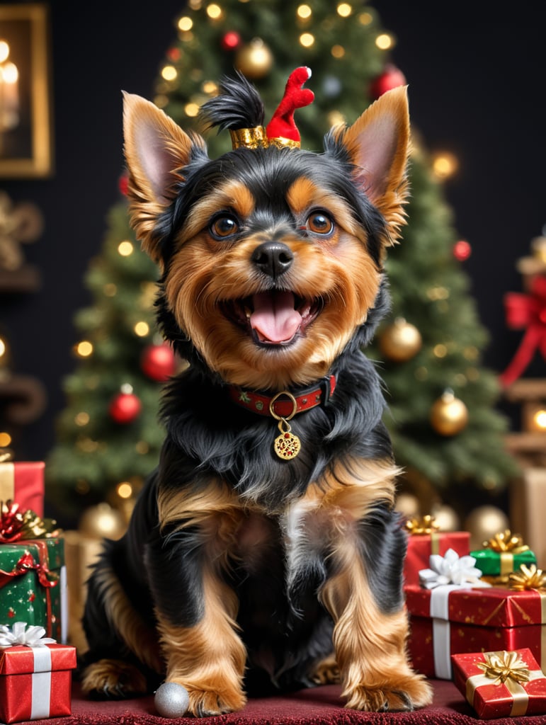 A Yorkshire terrier hair balck, eyes black smile expression, body black paw gold, background Christmas tittle “ROMITA