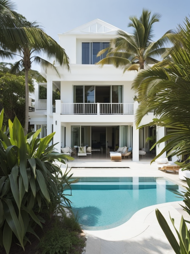 Beach house, white beach, light blue water, tropical plants