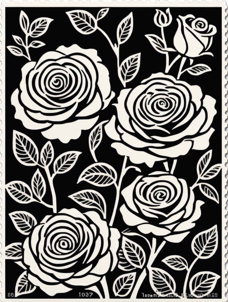 Black and white linocut postage stamp rose garden thick bold dark lines