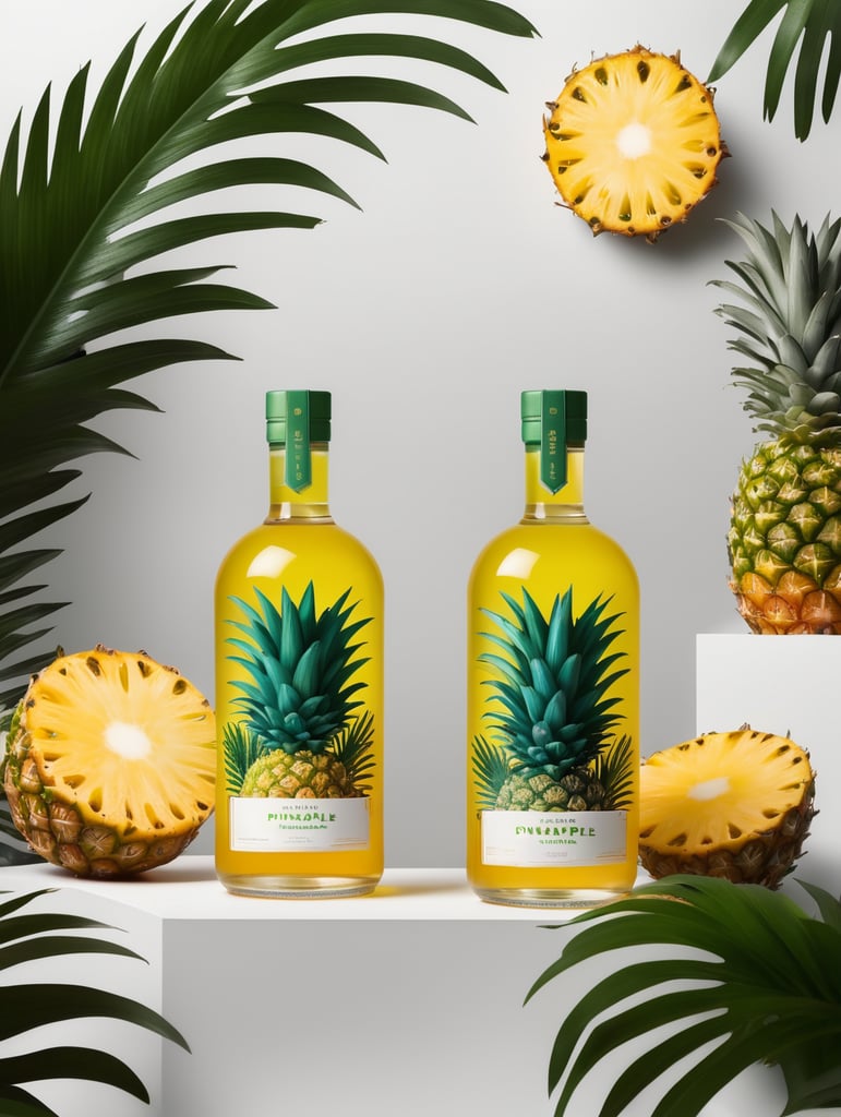 Packaging and branding for a pineapple vodka brand as if it had been designed by HI ESTUDIO with In a set design with pineapple, pineapple leaves.