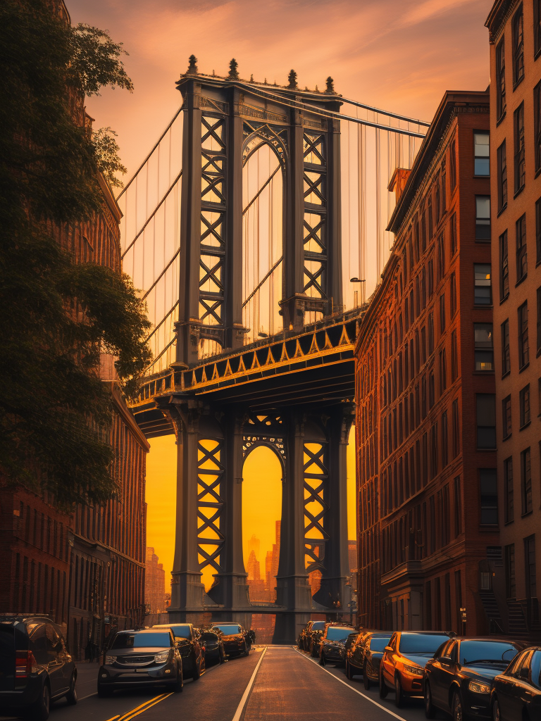 Manhattan bridge view from dumbo, Sunset, High detail, High contrast, Deep rich colors