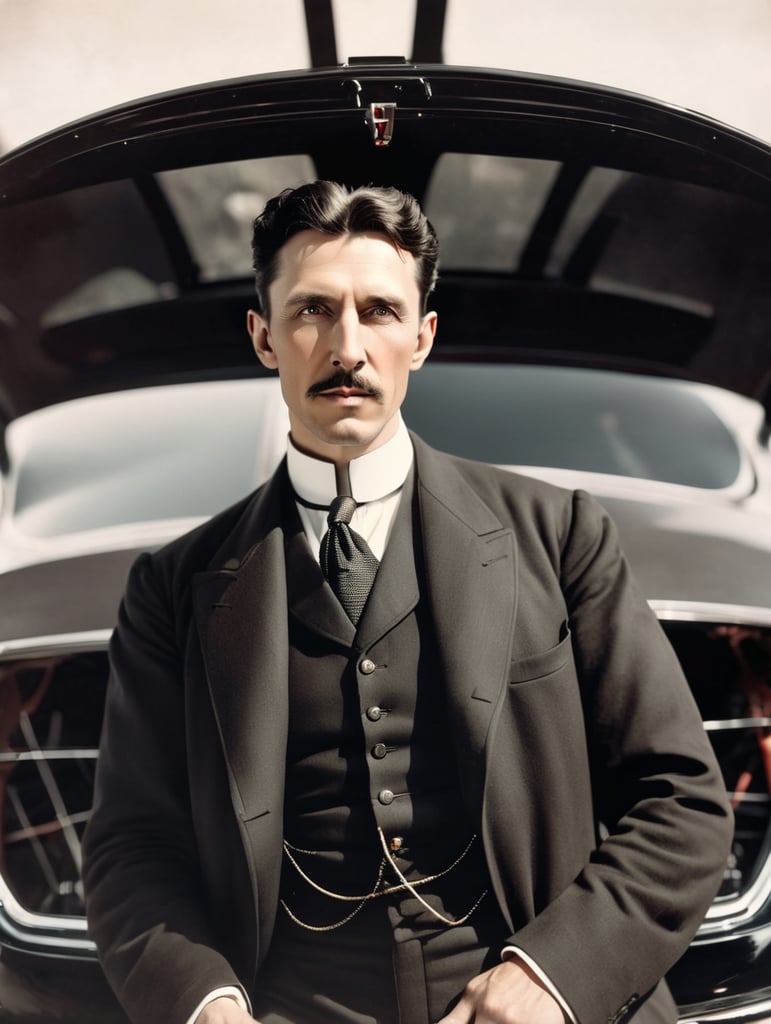 Nikola Tesla looks directly into the camera, with a Tesla car standing behind him.