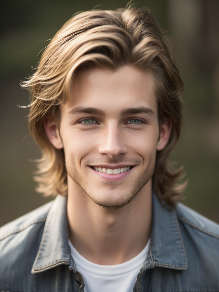 Young man Approximately 24 years old Dirty blonde hair Green eyes Boy-next-door look Handsome Lean but not muscular Smiling Charming