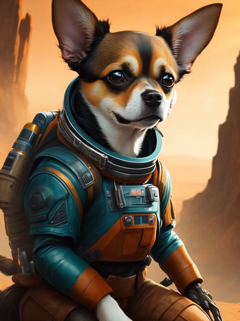 A Chihuahua like a Rocket Raccoon from Guardians of the Galaxy wearing astronaut costume on the Mars