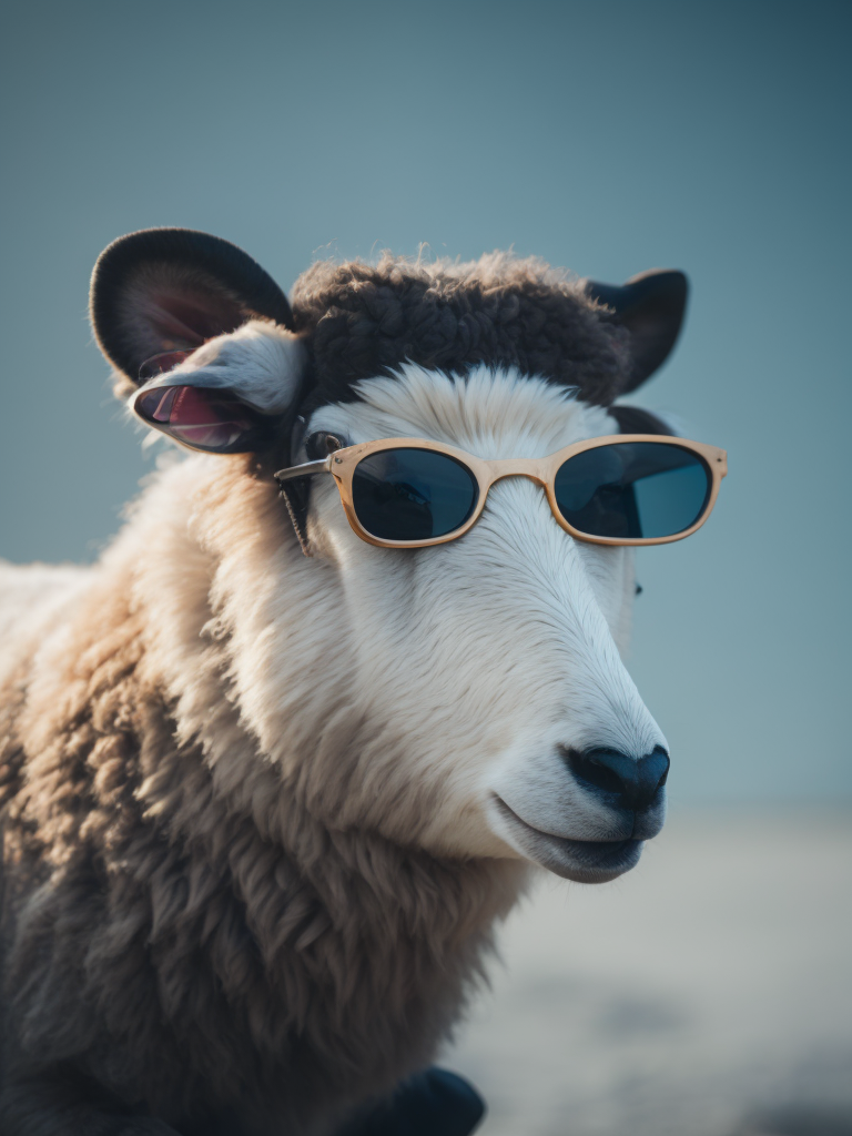 a sheep wearing sunglasses standing beside travel luggage, studio cyan-colored background, sharp detail