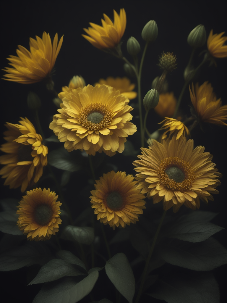 yellow flowers, dark atmosphere, deep colors, clear details