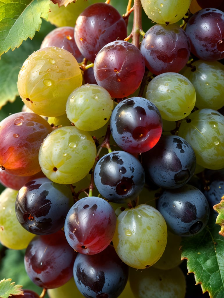 Hyper realistic multi colored juicy grape, extreme close up, juicy pulp, light illuminated through the pulp, glistening in the light, leaves at sides, bokeh, chromatic aberration, shallow depth of field