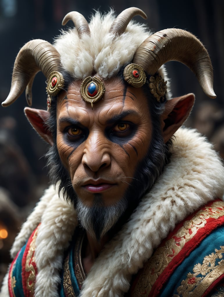 faun, fur skin, goat eyes, sheep lips, wearing asian clothing, only one pair of ears.