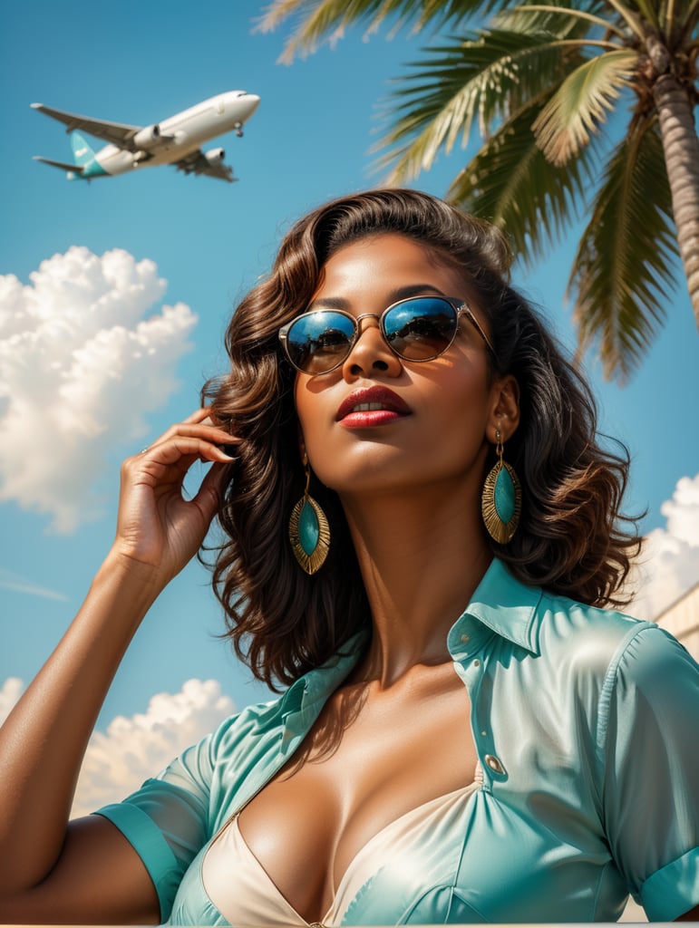 Pin up art, portrait, a black woman raised her head up, looks at the sky, sunglasses, one airplane flies in a clear sky and leaves a mark, summer, palms around, palms reflected on a sunglasses, turquoise shades, style by Gil Elvgren