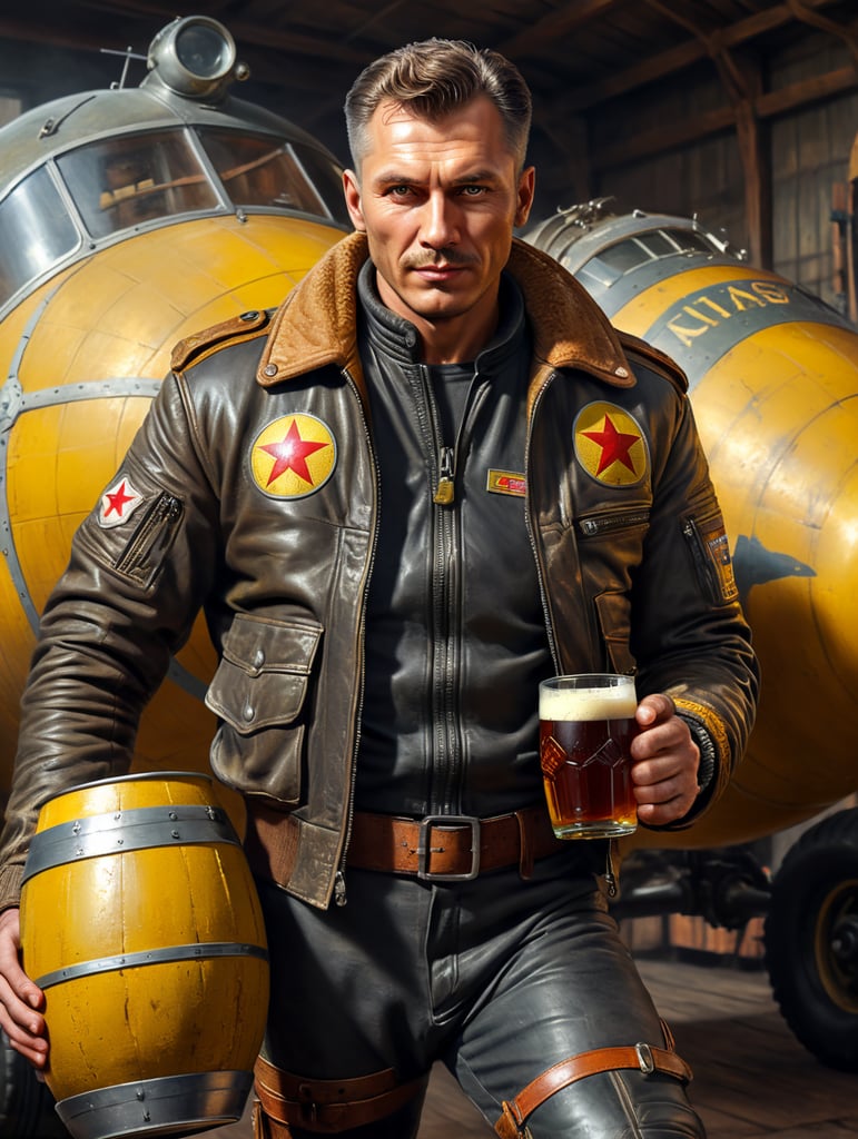 A Soviet male pilot dressed in a flying bomber leather jacket holds a mug of kvass in his hands, in the background a Soviet yellow barrel on wheels with kvass can be seen