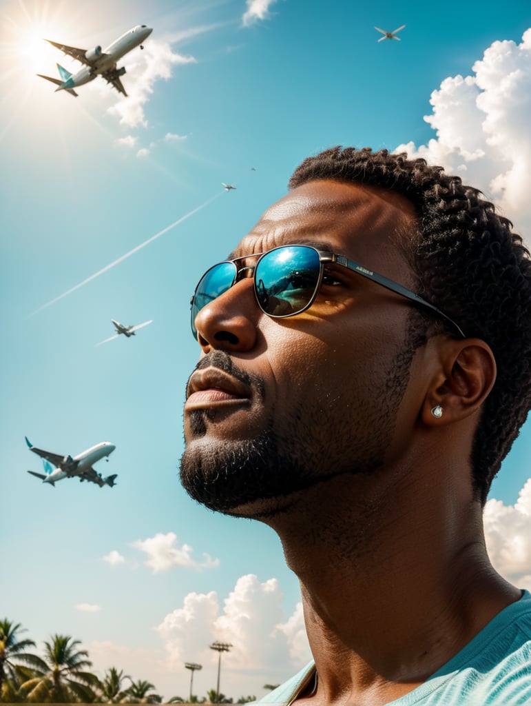 a black man raised his head up, looks at the sky, sunglasses, one airplane flies in a clear sky and leaves a mark, summer, turquoise shades, style of Richard Corben